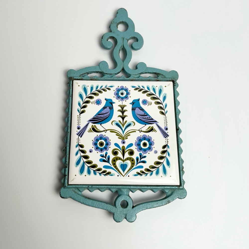 Vintage Cast Iron Trivet Blue Birds Made in Japan